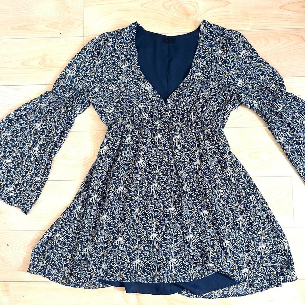 Dark Blue Navy Lucca Floral V-Neck Women's Midi Mini dress flare sleeves